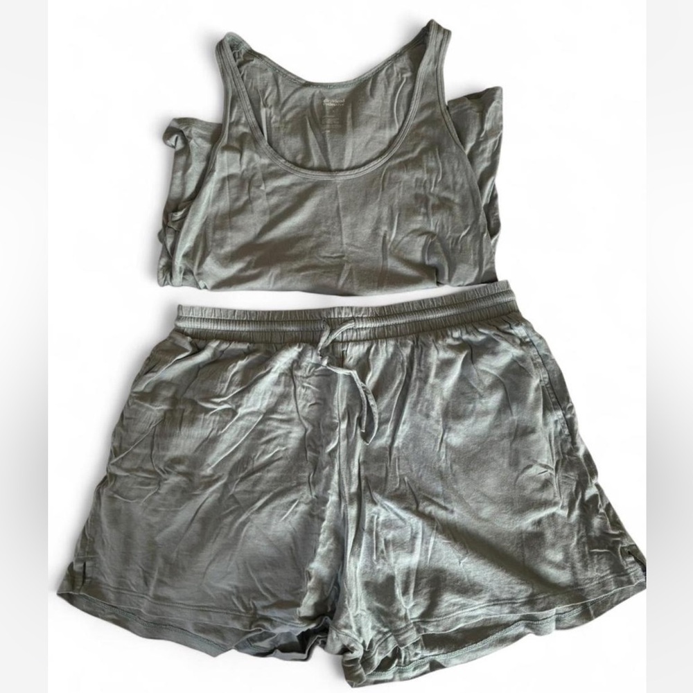 girlfriend collective sage green tank top and shorts set